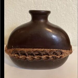 Vintage Dark Wooden Vase Ottoman Style Wood With Raffia & Metal Rings  6x6”
